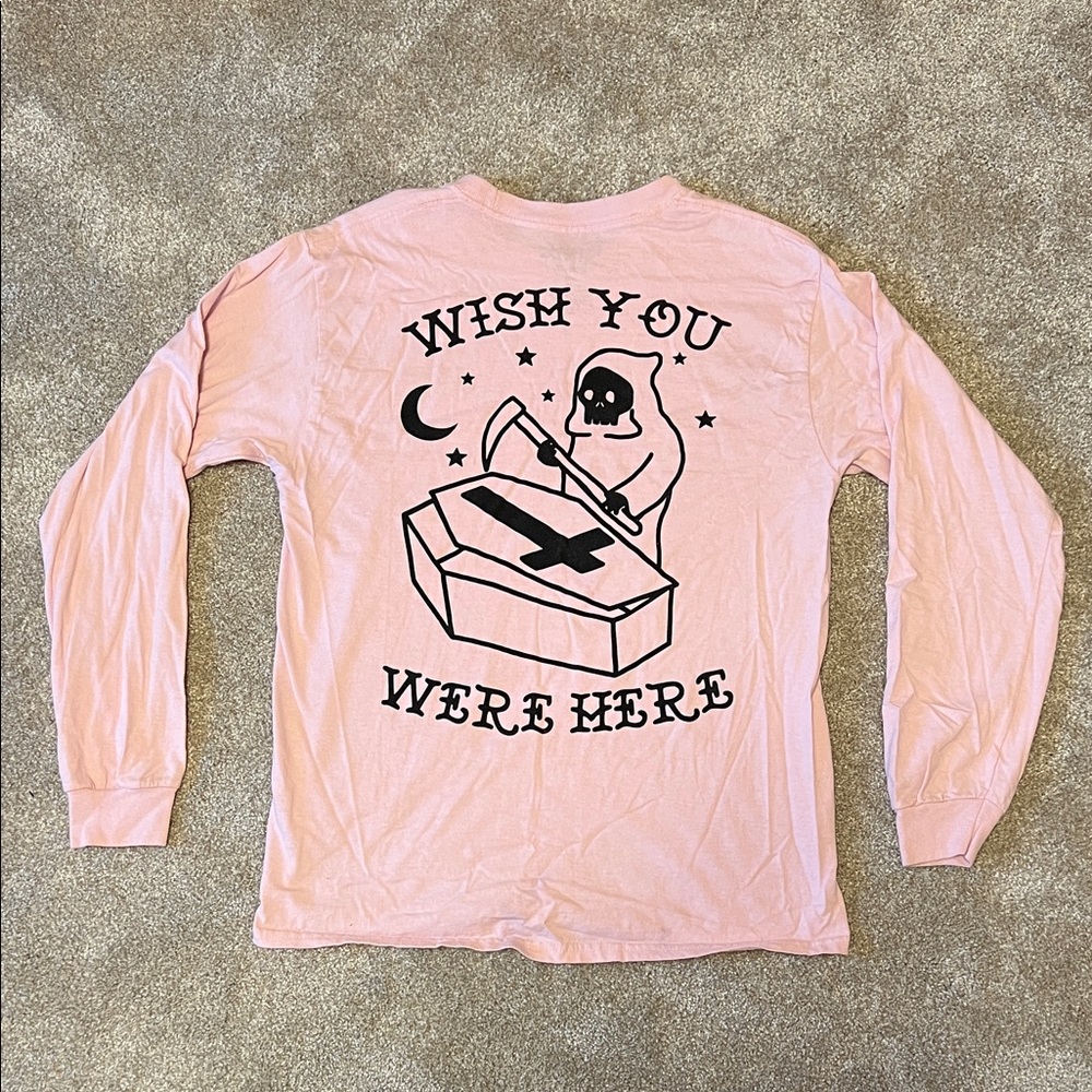 Pink Long Sleeve Graphic Tee Front/Back Grim Reaper Death Print